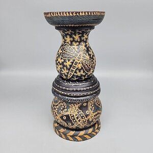 Wooden Hand Painted Candle Holder Nature Dragonfly Butterfly Floral Pillar 8.75"